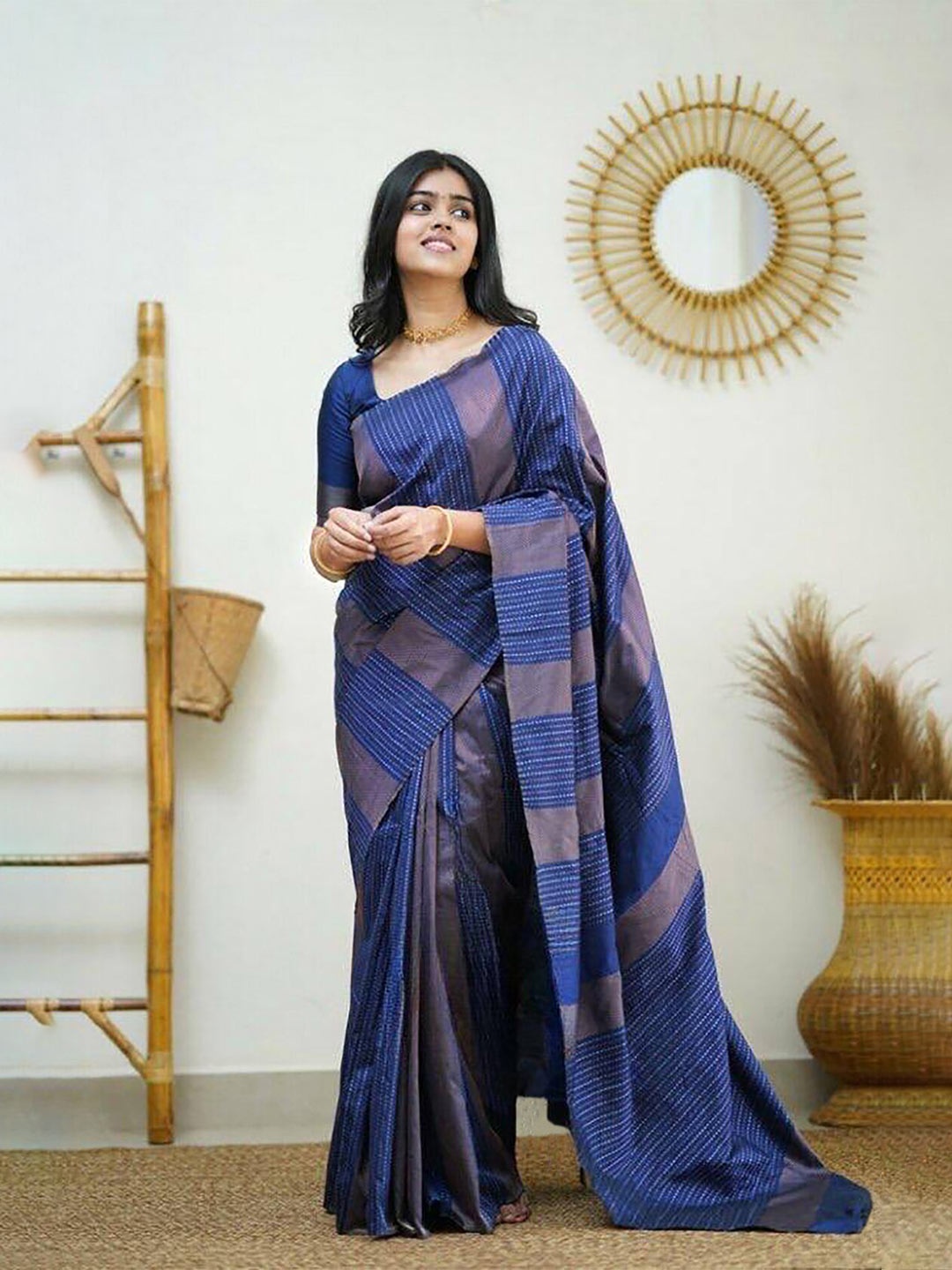 

Anjaneya Sarees Striped Woven Design Designer Banarasi Saree, Blue