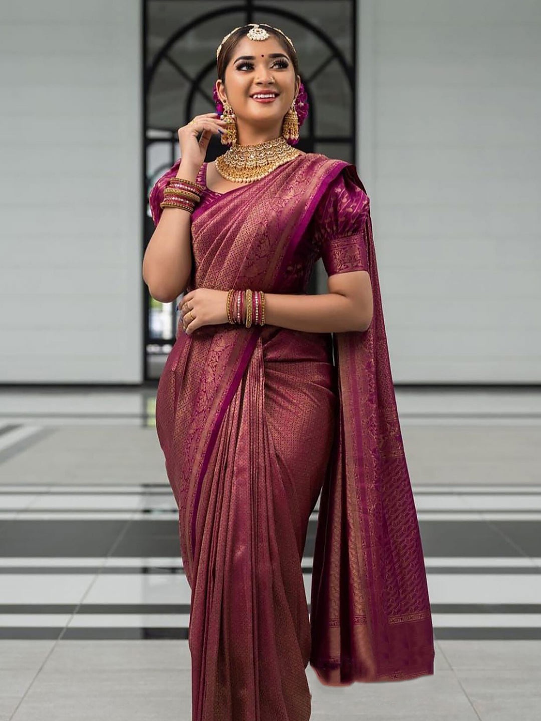 

Anjaneya Sarees Ethnic Woven Design Zari Silk Banarasi Saree, Purple