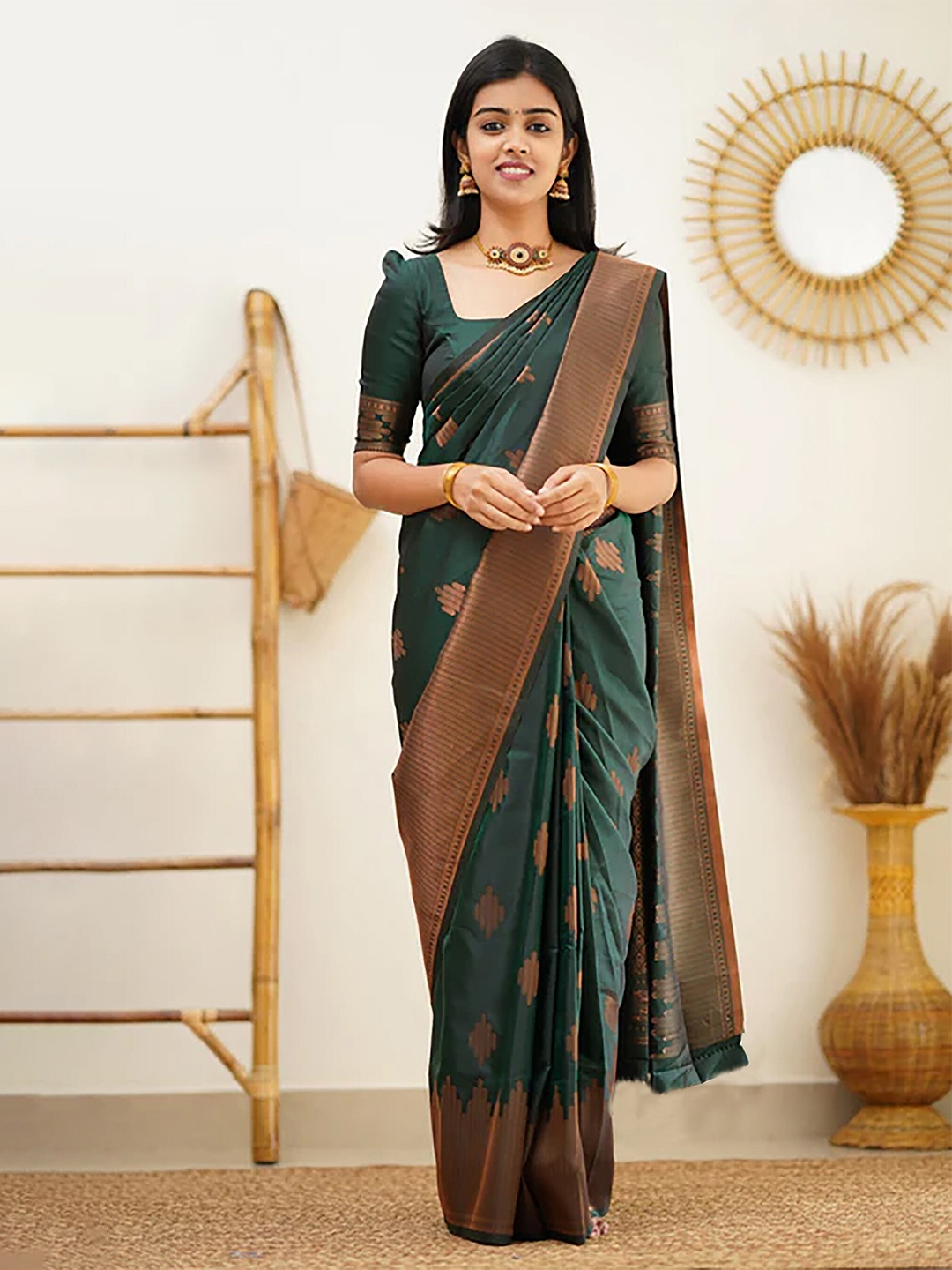 

Anjaneya Sarees Ethnic Woven Design Zari Silk Banarasi Saree, Green