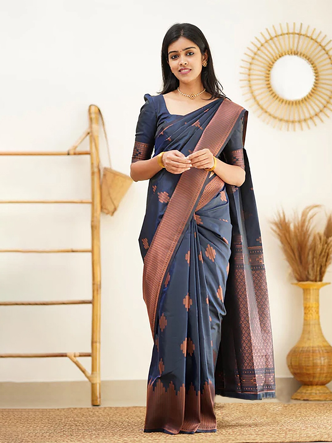 

Anjaneya Sarees Ethnic Motifs Woven Design Zari Banarasi Saree, Blue