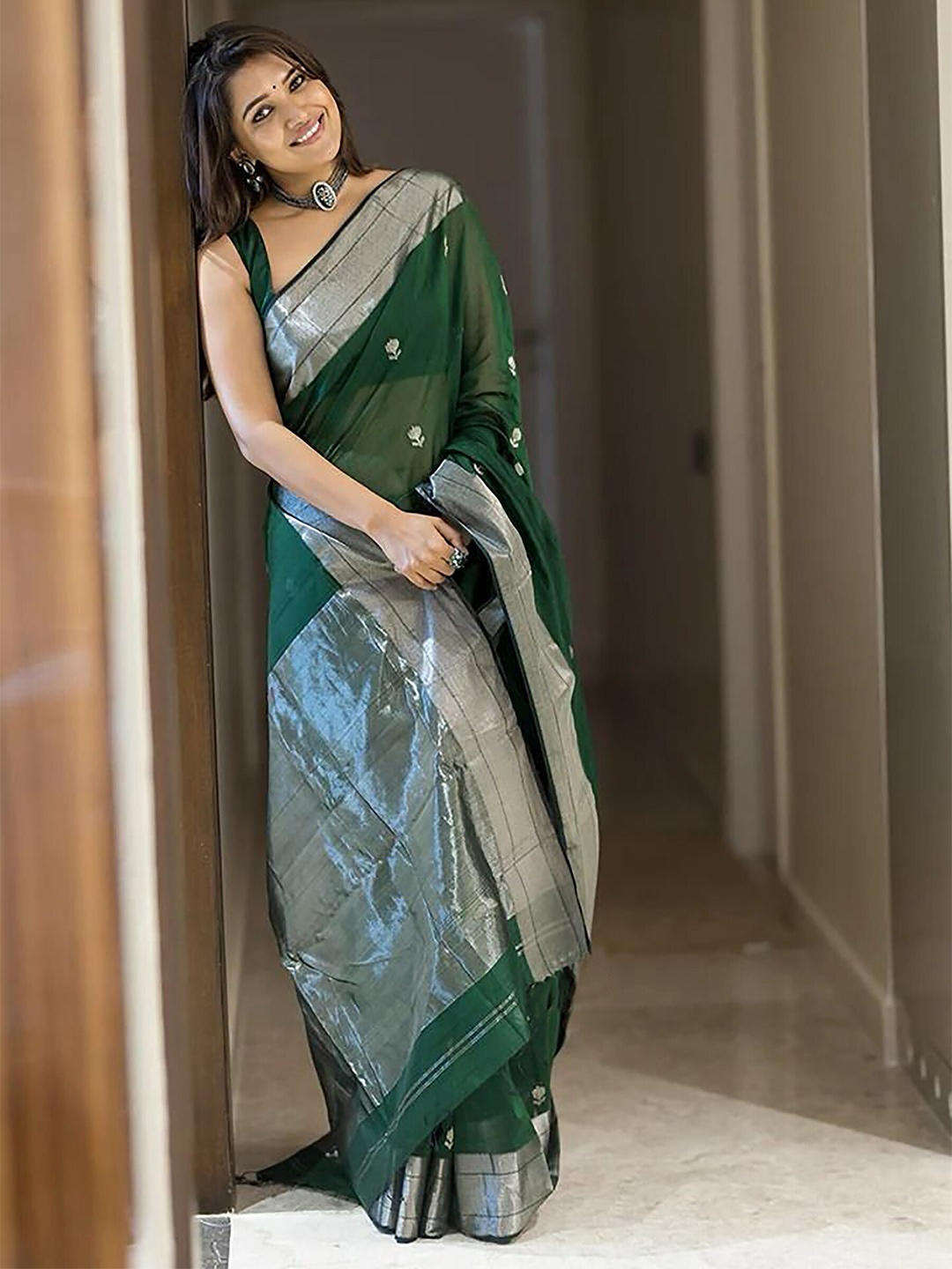 

Anjaneya Sarees Ethnic Motifs Zari Chanderi Saree, Green