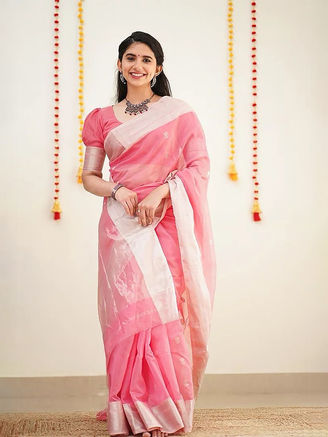 

Anjaneya Sarees Ethnic Motifs Zari Chanderi Saree, Pink