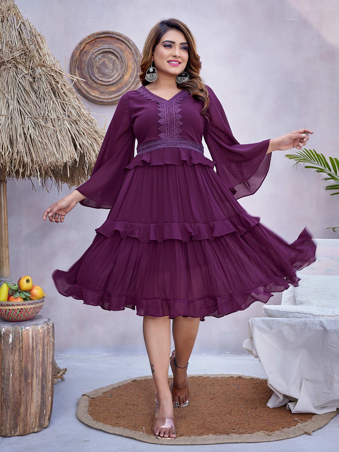 

Titanium Silk Industries Flared Sleeve Ruffled Georgette Fit & Flare Dress, Purple
