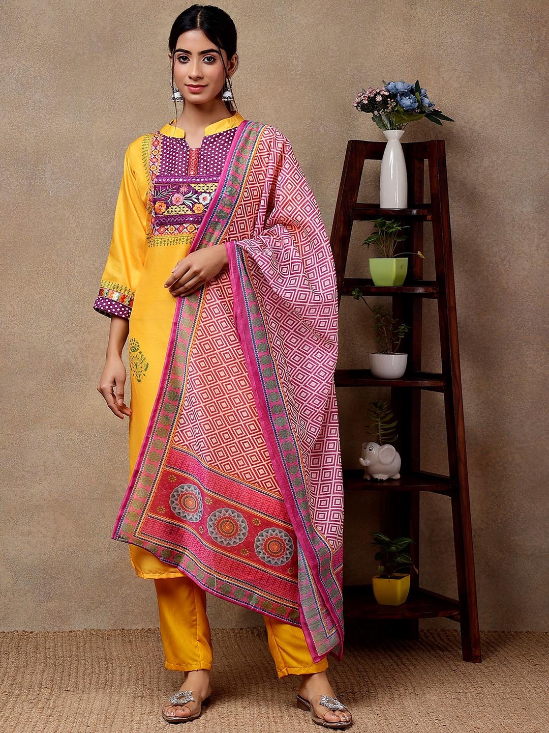 

J.KANJI Ethnic Motifs Printed Regular Thread Work Kurta With Trousers & Dupatta, Yellow