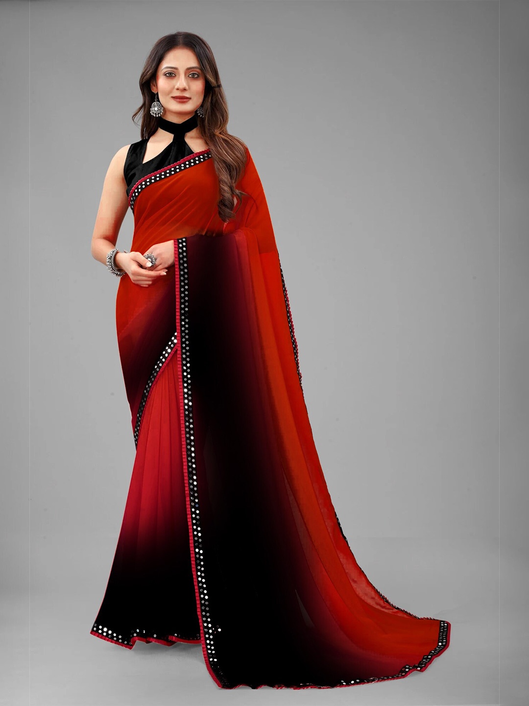 

Reeta Fashion Ombre Printed Sequinned Pure Georgette Saree, Red