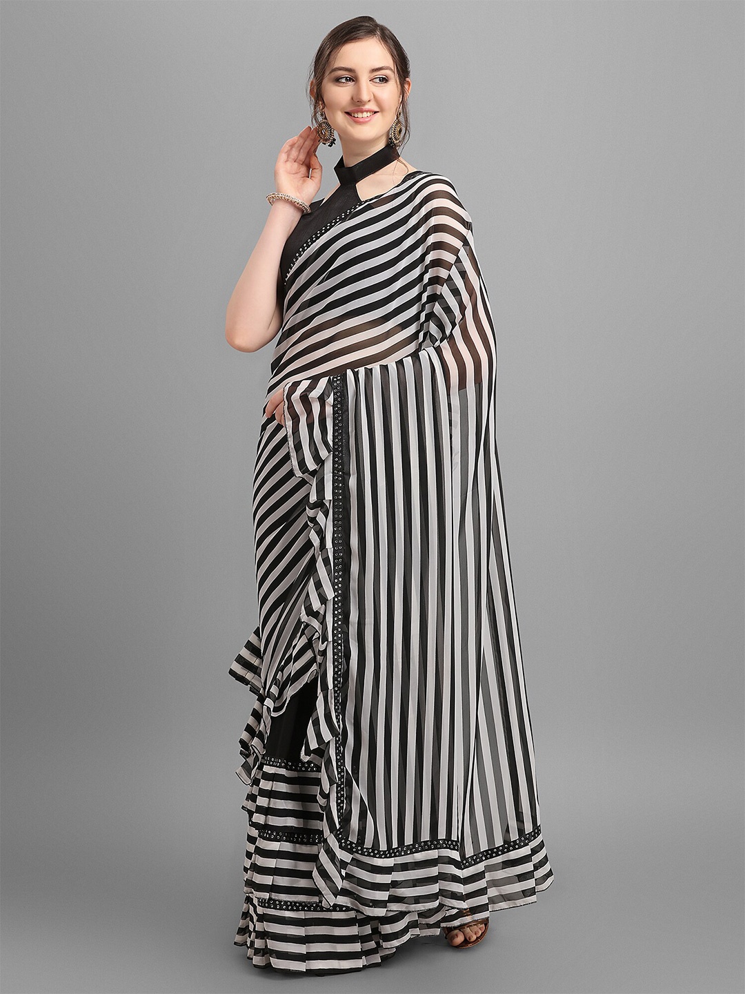 

Reeta Fashion Striped Mirror Work Pure Georgette Saree, Black