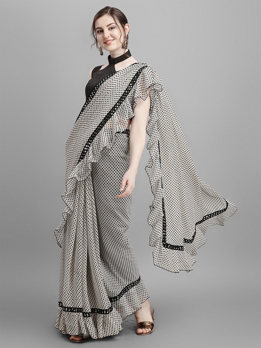 

Reeta Fashion Polka Dot Mirror Work Pure Georgette Saree, Black