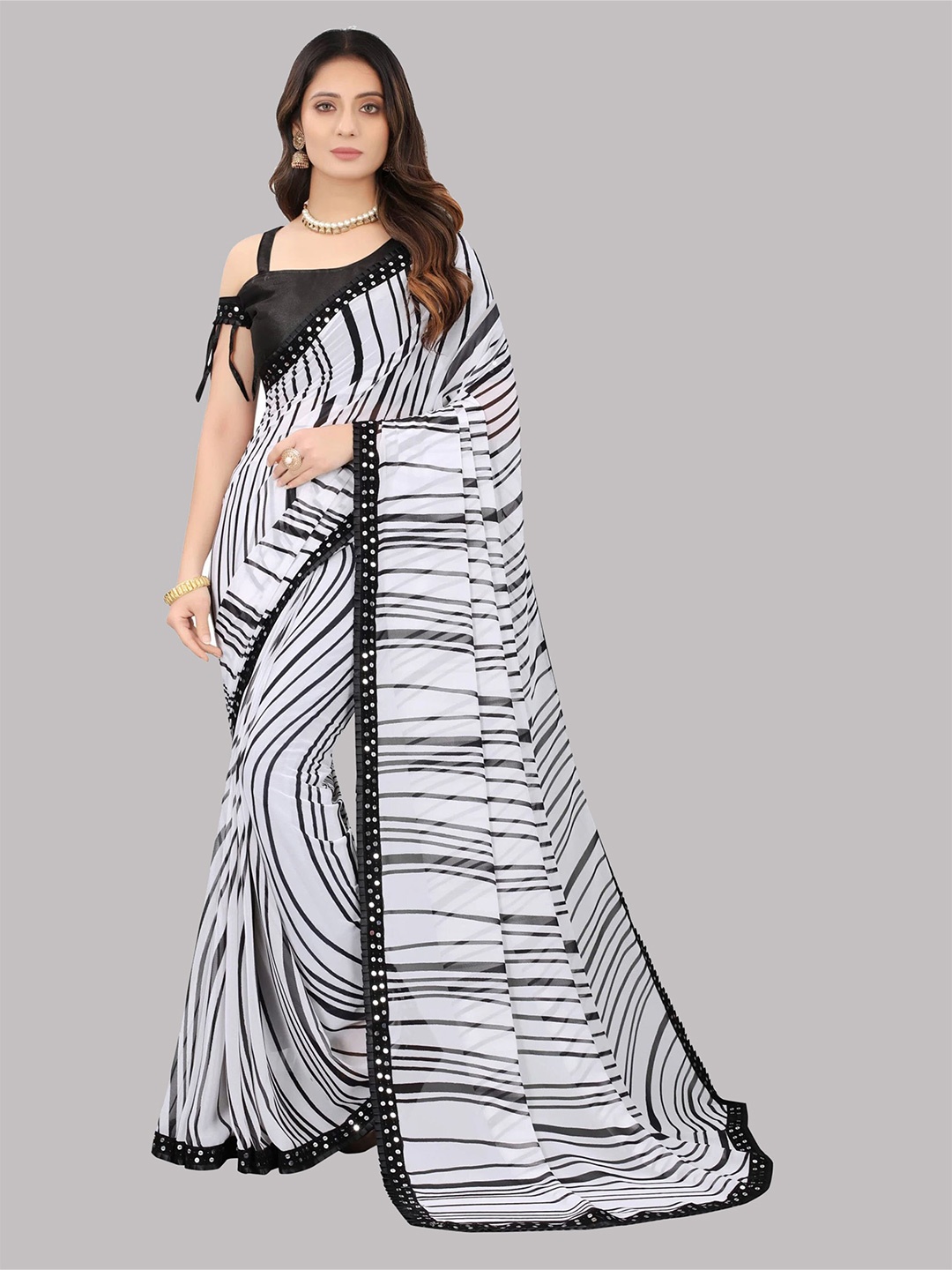 

Reeta Fashion Striped Mirror Work Pure Georgette Saree, Black