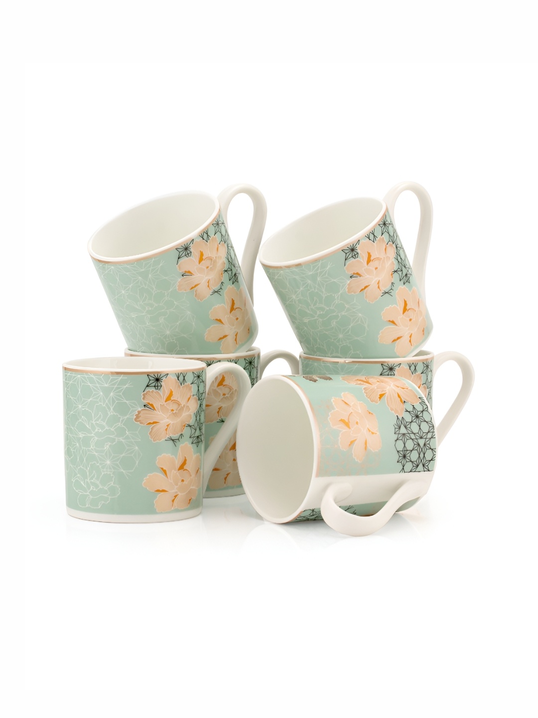 

JCPL White & Green 6 Pieces Floral Printed Ceramic Glossy Mugs Set 200 ml Each