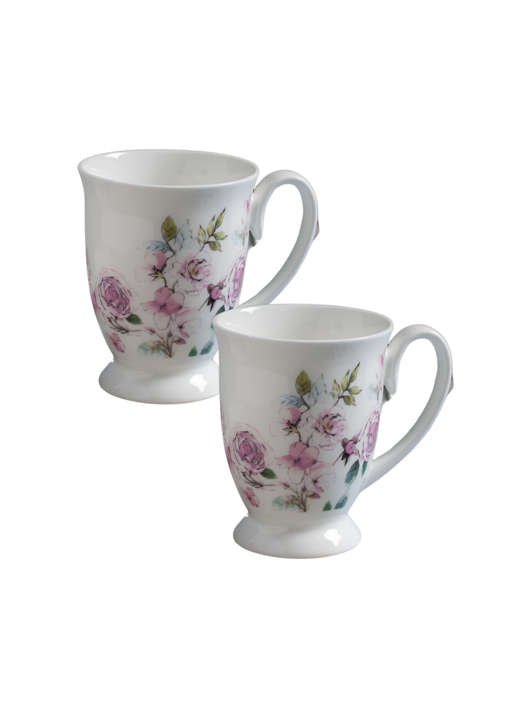

JCPL White & Green 2 Pieces Floral Printed Ceramic Glossy Mugs Set 350 ml Each