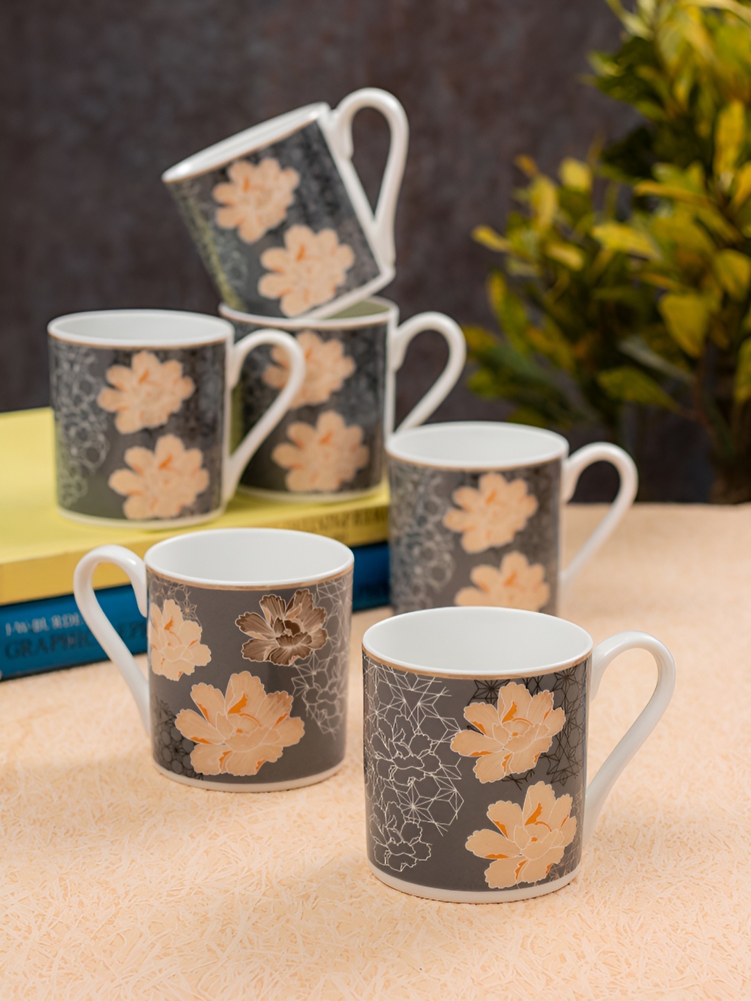 

JCPL White & Orange 6 Pieces Floral Printed Ceramic Glossy Mugs Set 200 ml Each