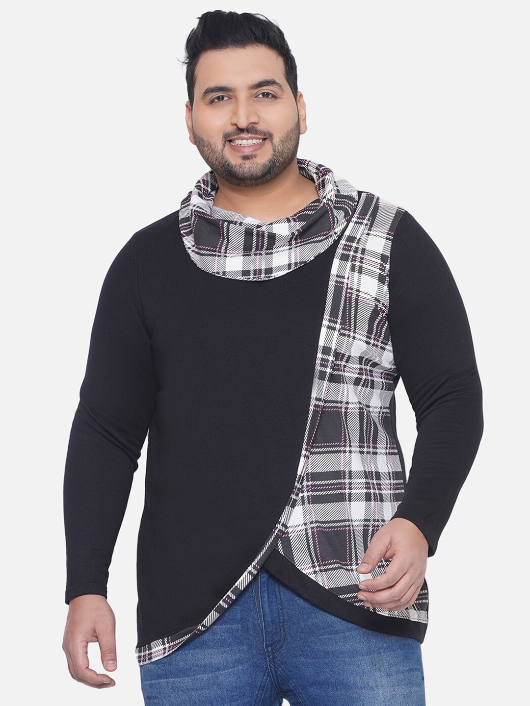 

Santonio Men Plus Size Checked High Neck Cotton Sweatshirt, Black