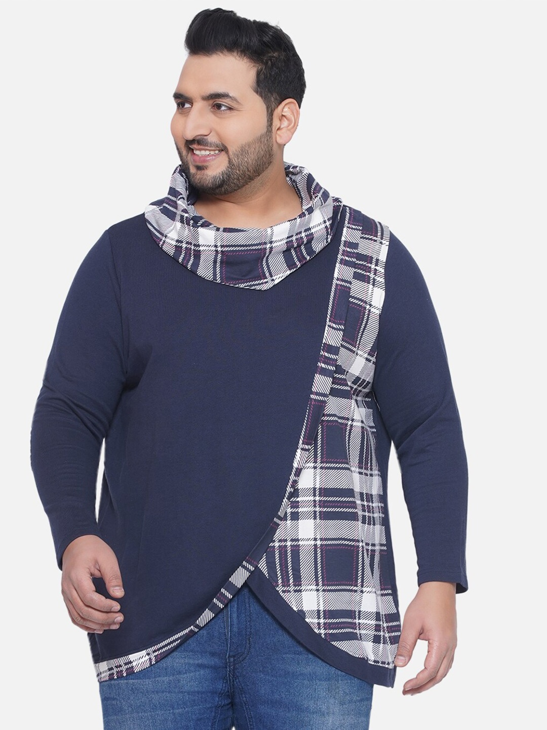 

Santonio Checked High Neck Cotton Sweatshirt, Navy blue