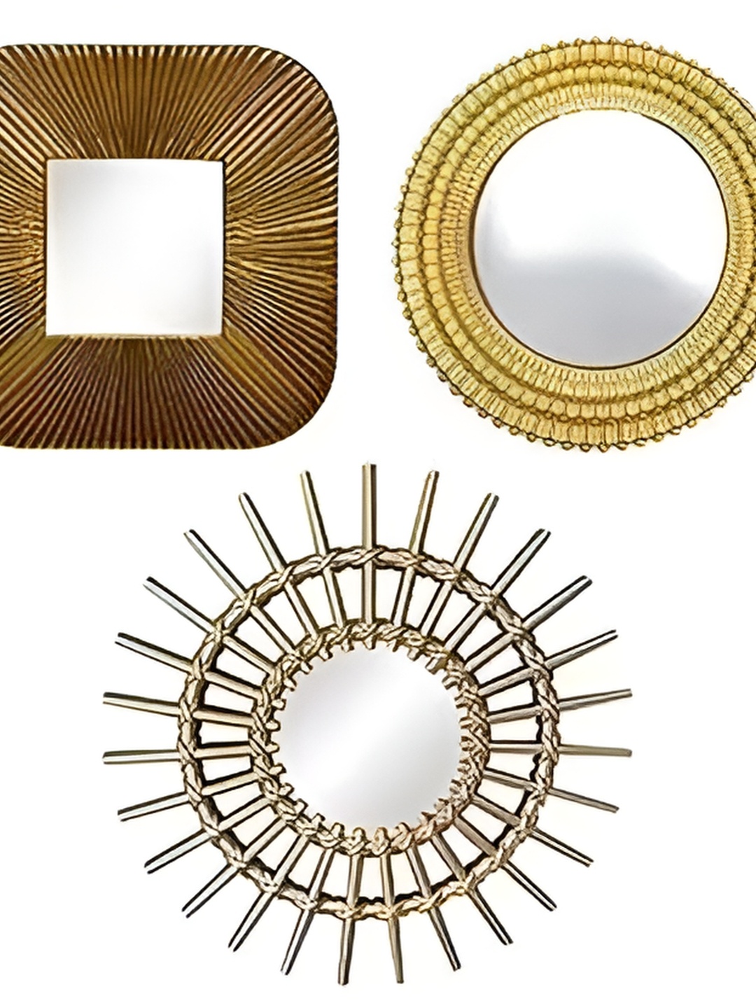 

Satyam Kraft Gold Toned 3 Pieces Fiber Sunburst & Round Shape Acrylic Decor Wall Mirrors