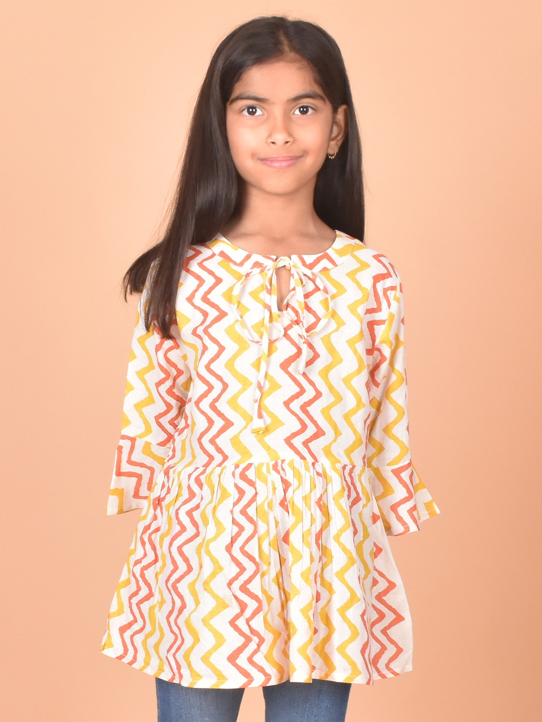 

BAESD Girls Chevron Printed Tie-Up Neck Bell Sleeve Regular Top, Yellow