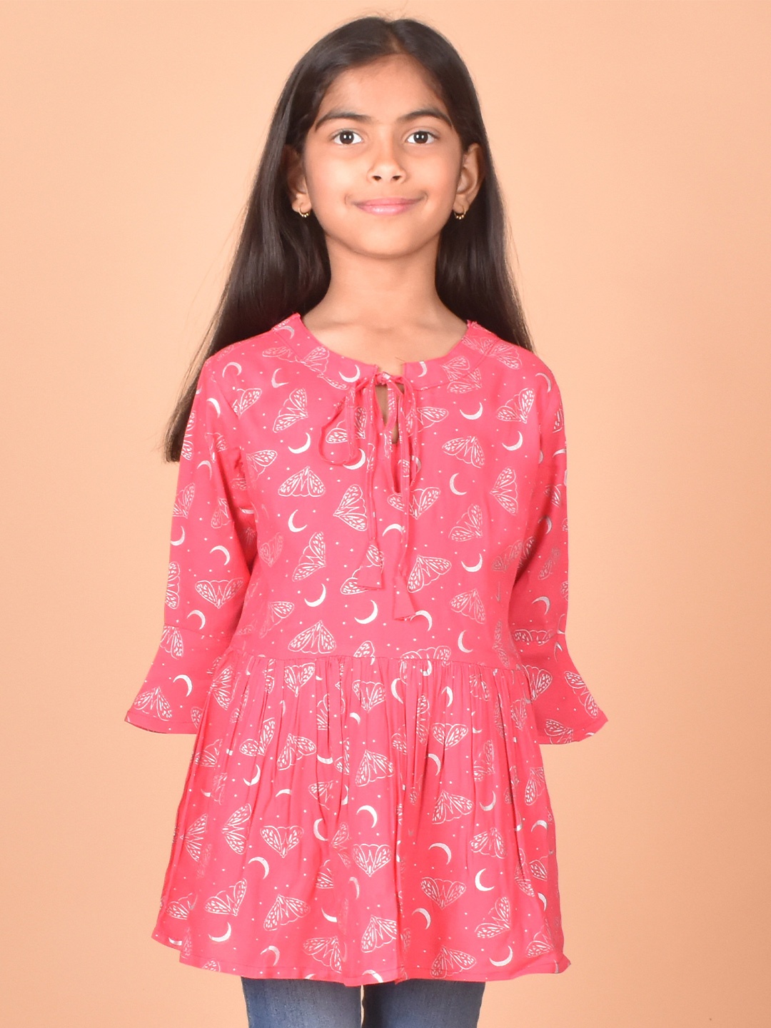 

BAESD Conversational Printed Tie-Up Neck Bell Sleeve Peplum Top, Pink