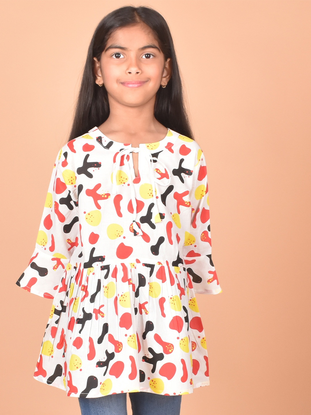 

BAESD Girls Abstract Printed Tie-Up Neck Bell Sleeve Gathered A-Line Top, White