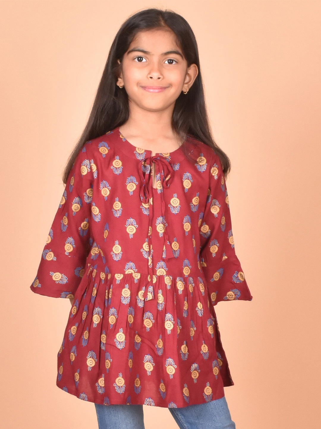 

BAESD Girls Floral Printed Tie-Up Neck Gathered A-Line Top, Maroon