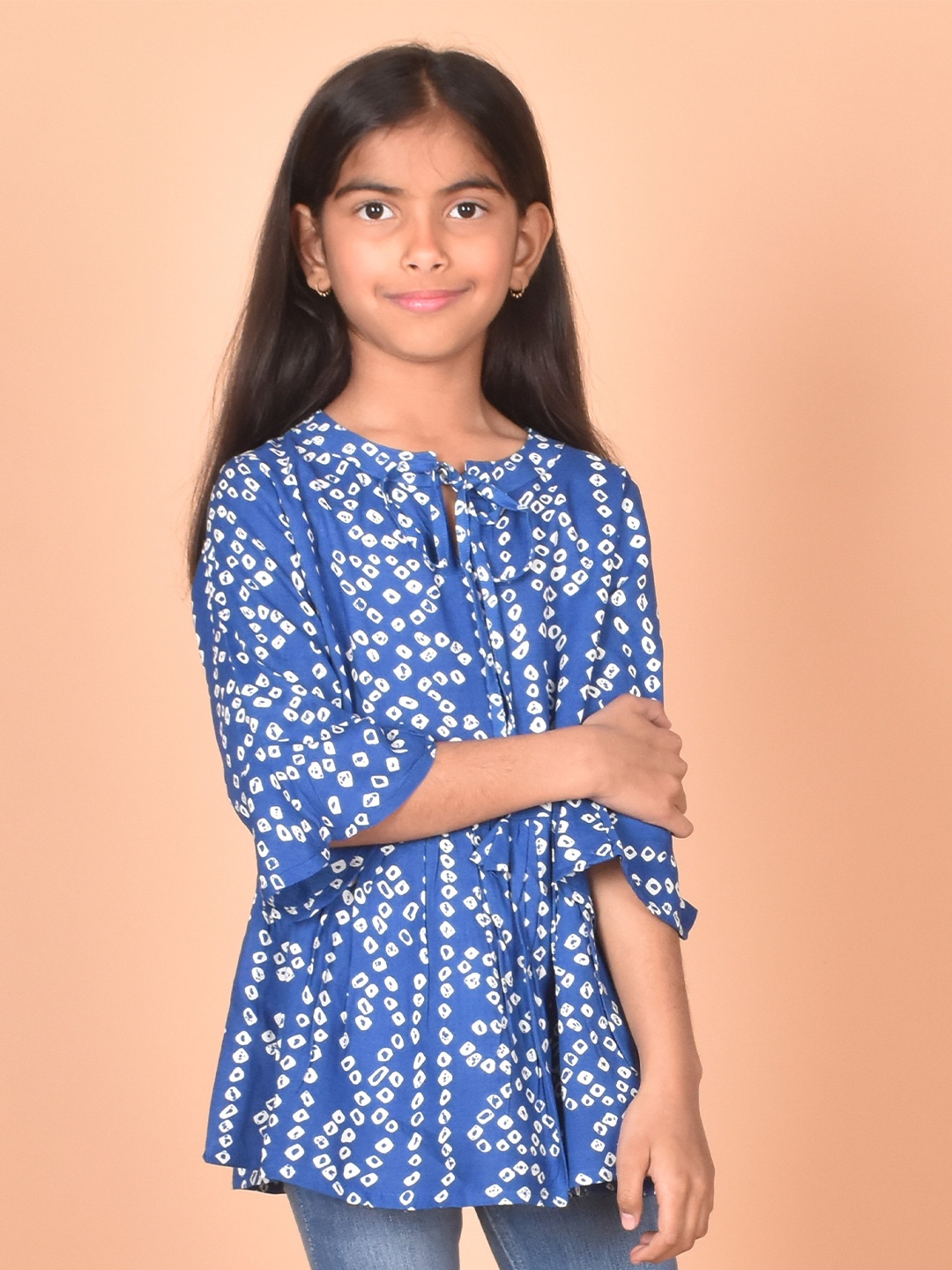 

BAESD Girls Bandhani Printed Tie-Up Neck Gathered A-Line Top, Blue