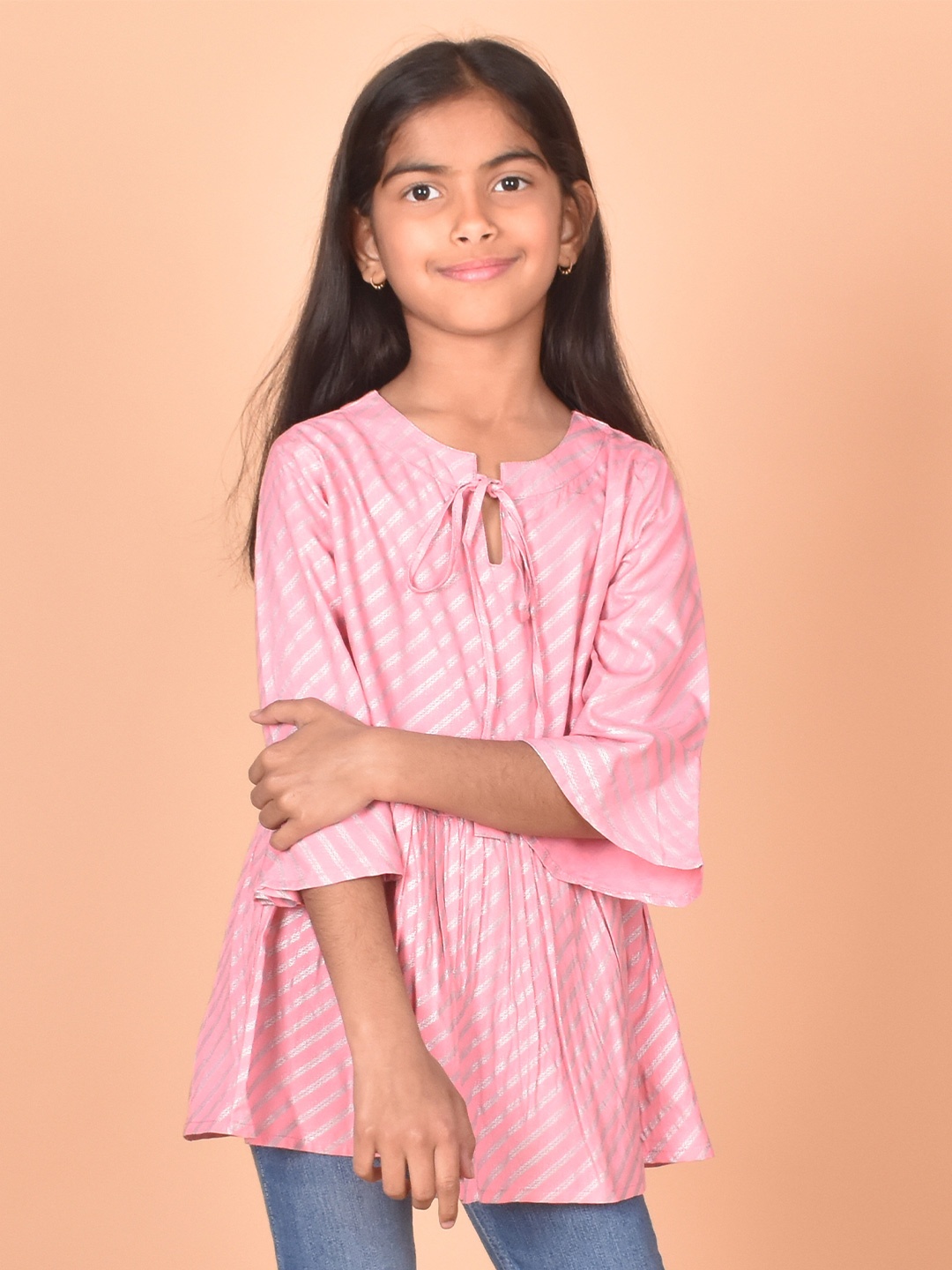 

BAESD Girls Striped Tie-Up Neck Gathered A-Line Top, Pink