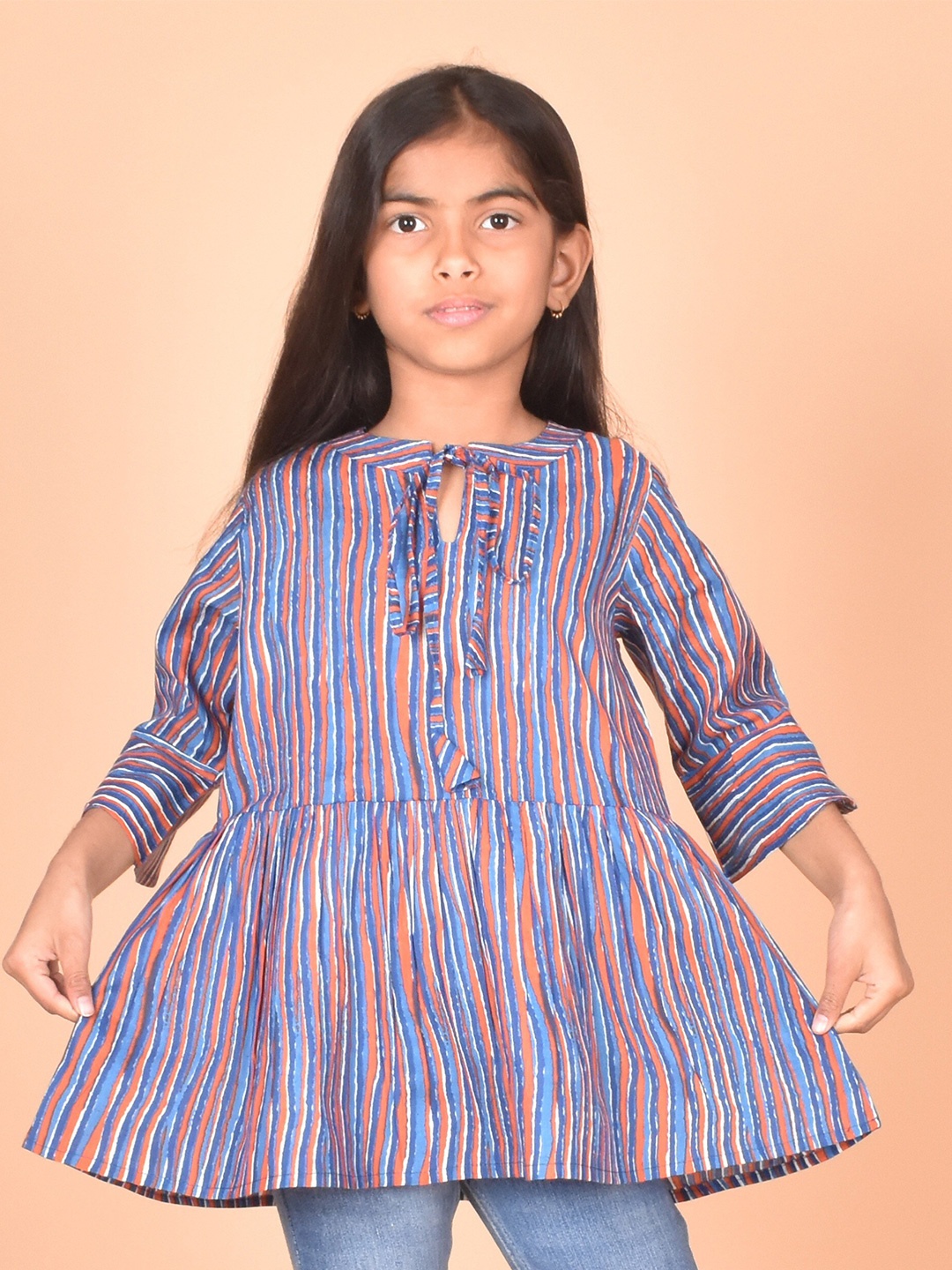 

BAESD Girls Vertical Stripes Tie-Up Neck Bell Sleeve Cotton A-Line Top, Blue