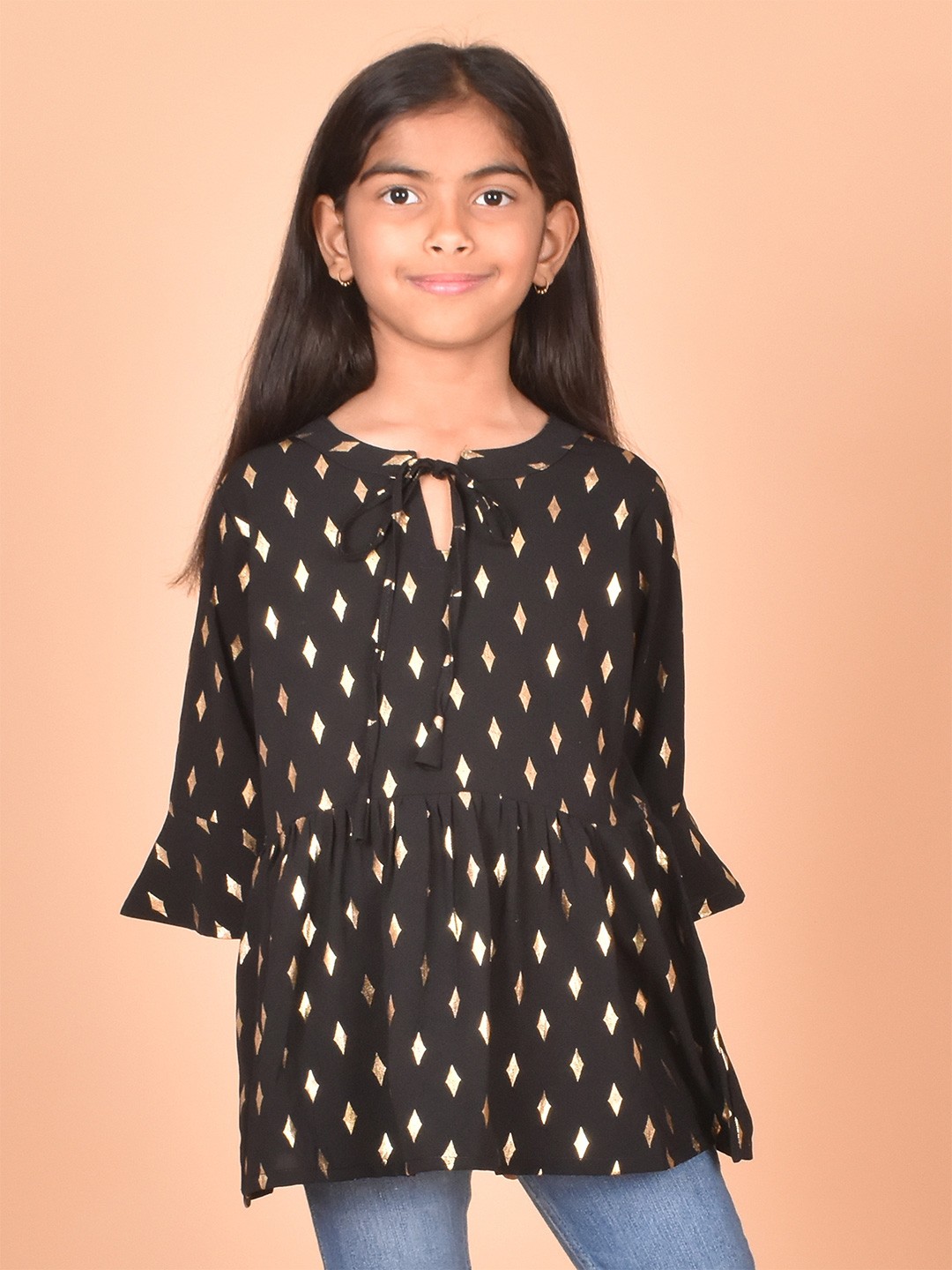 

BAESD Girls Geometric Printed Tie-Up Neck Bell Sleeve Regular Top, Black