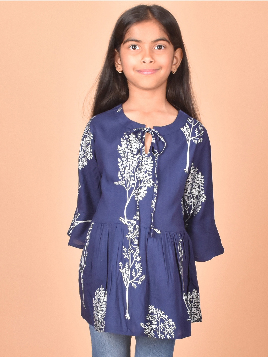 

BAESD Girls Floral Printed Tie-Up Neck Bell Sleeve Regular Top, Blue
