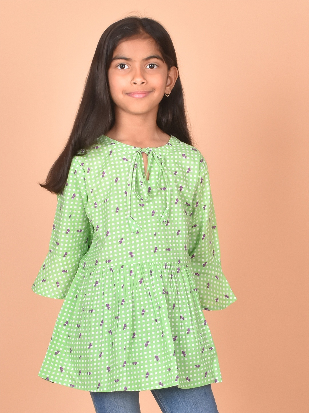 

BAESD Girls Geometric Printed Tie-Up Neck Bell Sleeve Regular Top, Green