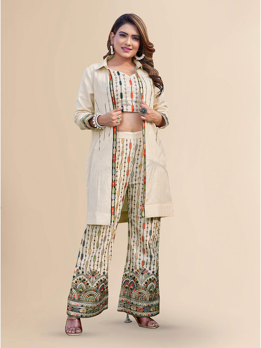 

TITANIUM SILK INDUSTRIES PVT. LTD. Embroidered Linen Crop Top with Shrug & Palazzo, Beige