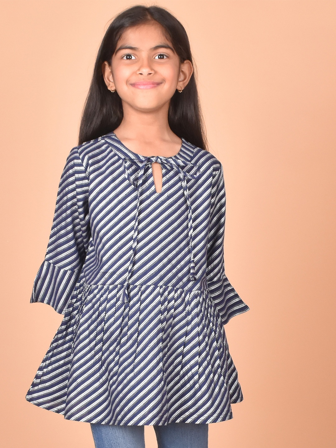 

misbis Striped Printed Tie-Up Neck Peplum Top, Blue