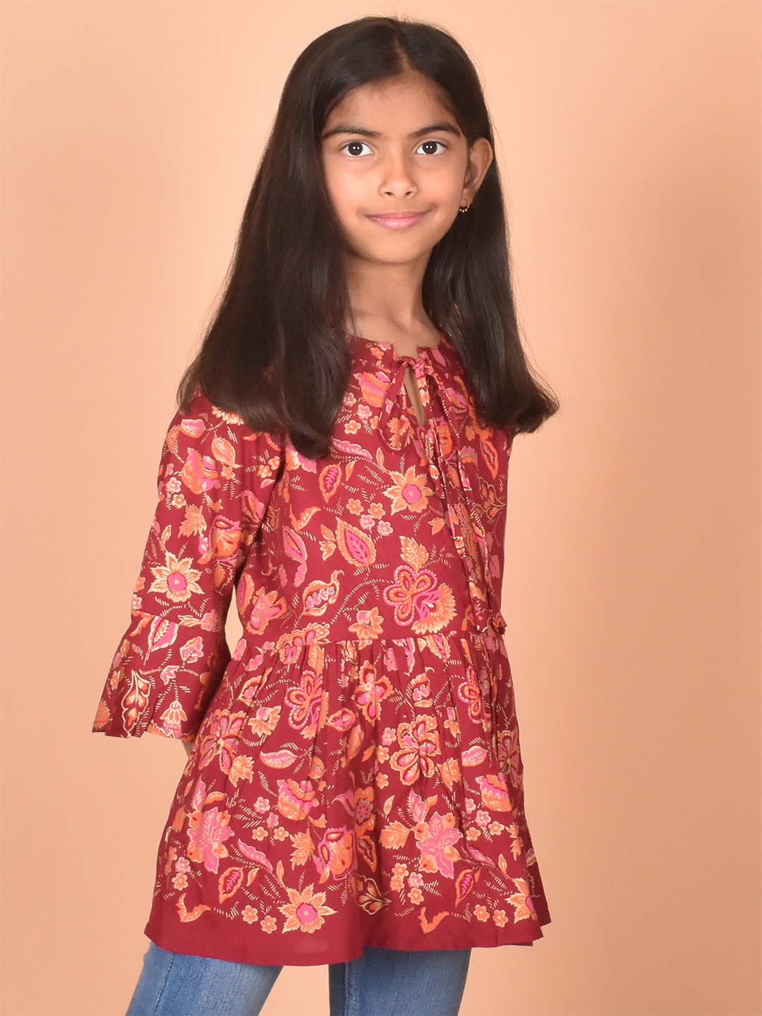 

misbis Floral Printed Tie-Up Neck A-line Top, Maroon