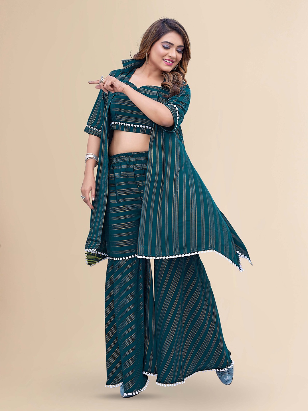 

PYARI - A style for every story Striped Top & Shrug With Sharara, Green