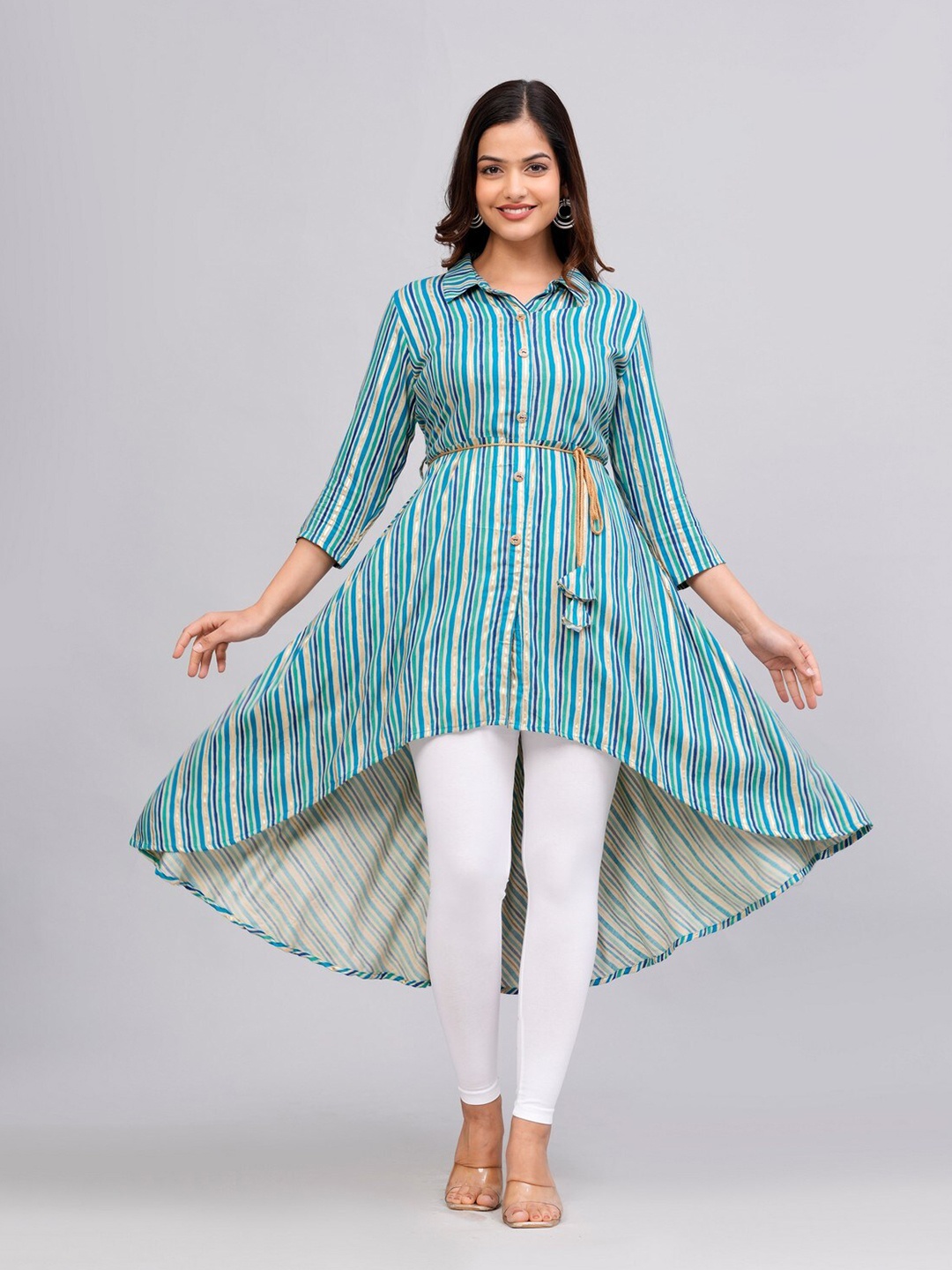 

SGRF Striped Shirt Collar A-line Kurta, Blue