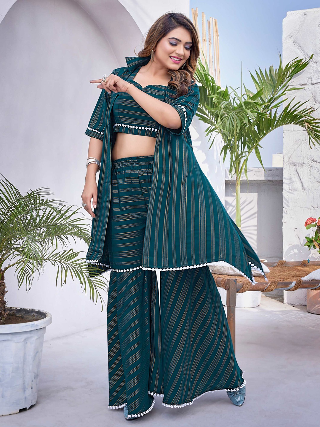 

Titanium Silk Industries Striped Ethnic Crop Top with Shrug & Sharara, Green