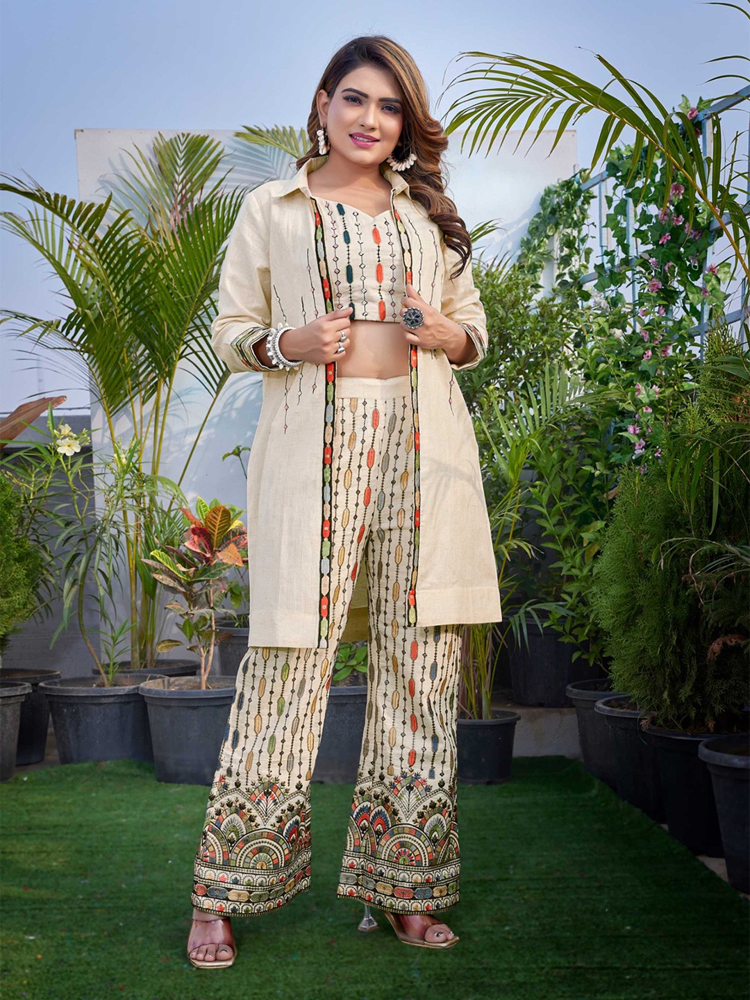 

Titanium Silk Industries Embroidered Linen Crop Top with Shrug & Palazzo, Beige