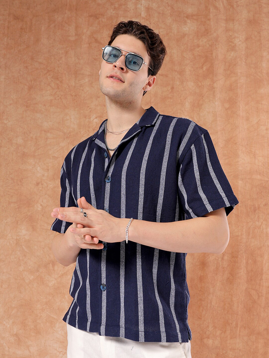 

The Indian Garage Co Men Relaxed Fit Striped Resortwear Shirt, Blue