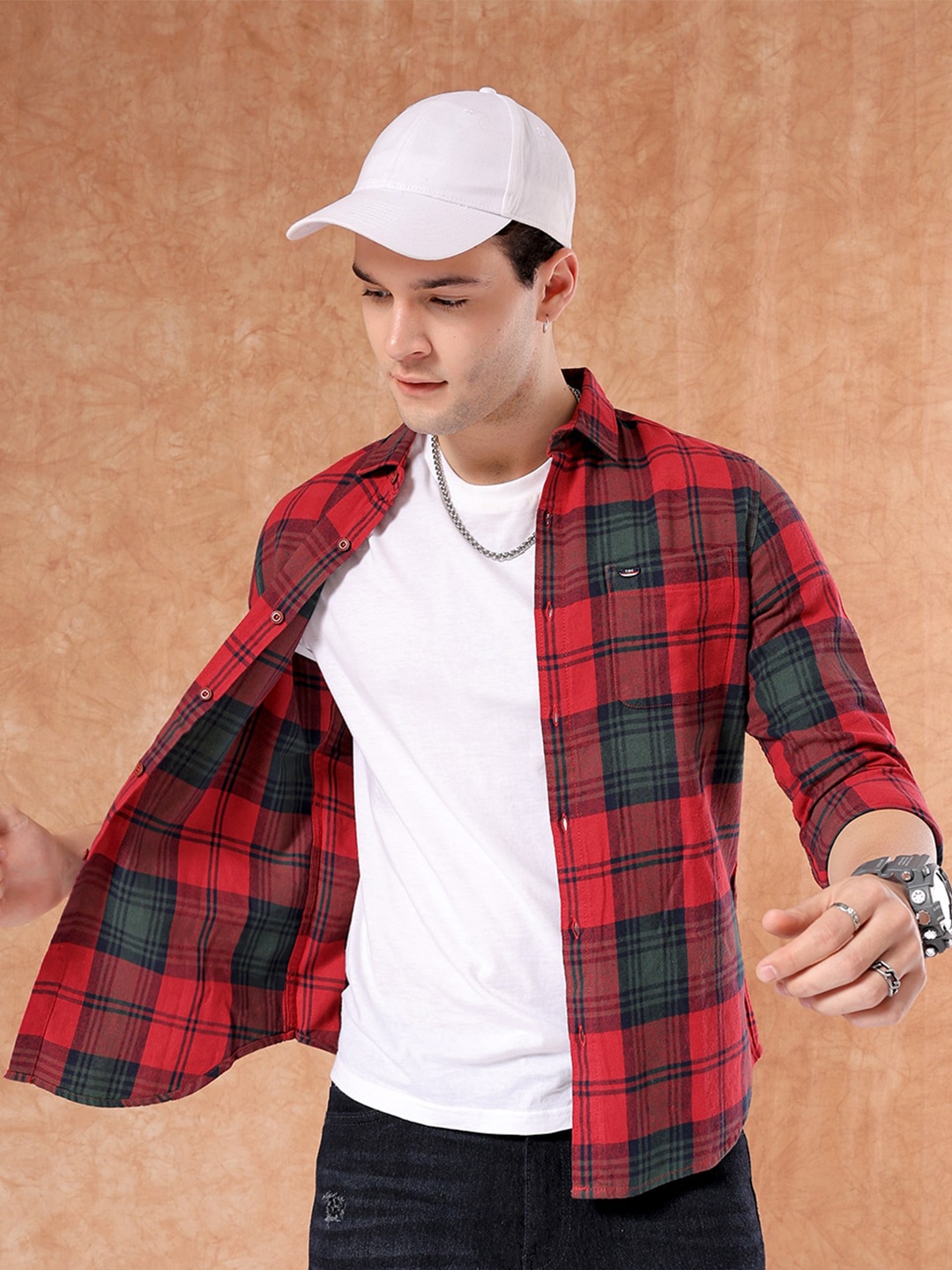 

The Indian Garage Co Slim Fit Tartan Checks Twill Cotton Casual Shirt, Red