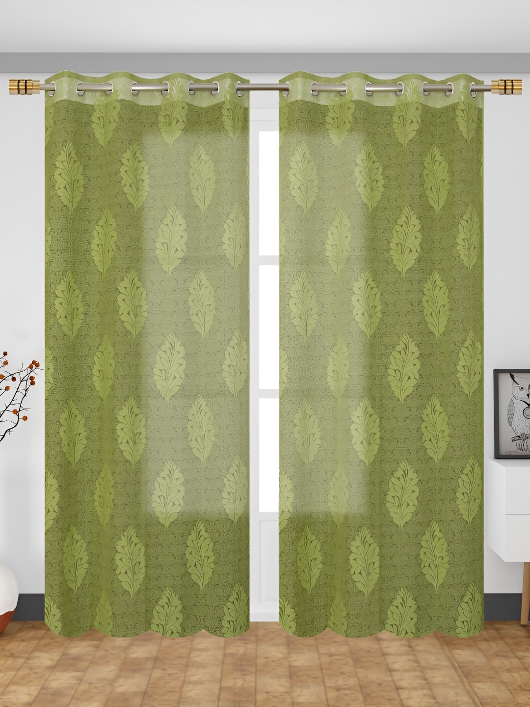 

Aura Green 2 Pieces Floral Sheer Long Door Curtains