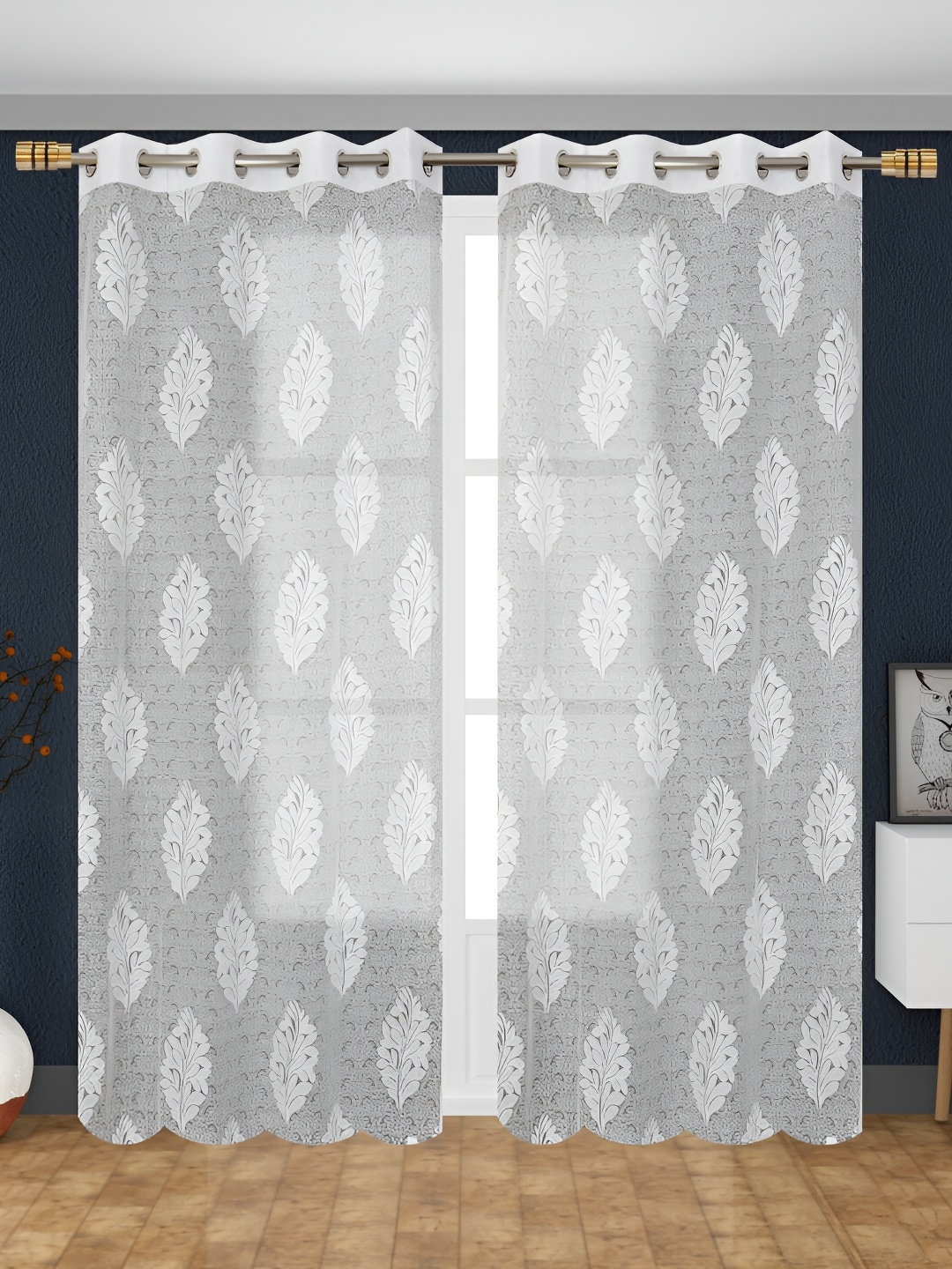 

Aura White 2 Pieces Floral Sheer Window Curtains