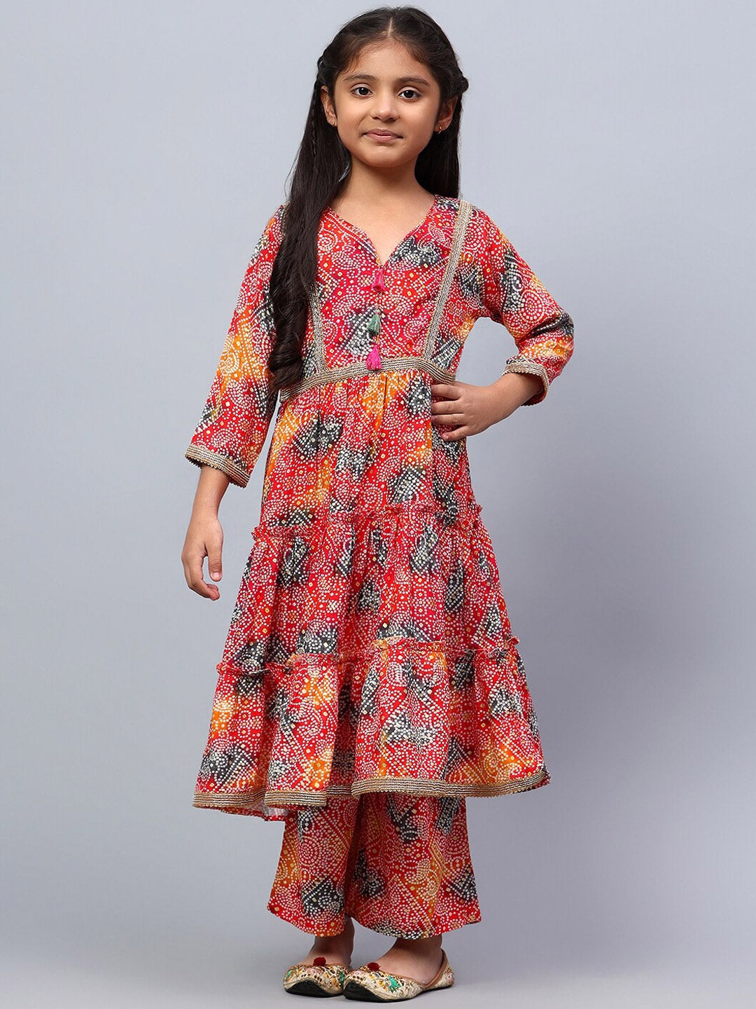 

BAESD Girls Bandhani Printed Regular Dupion Silk Kurta With Palazzos, Red