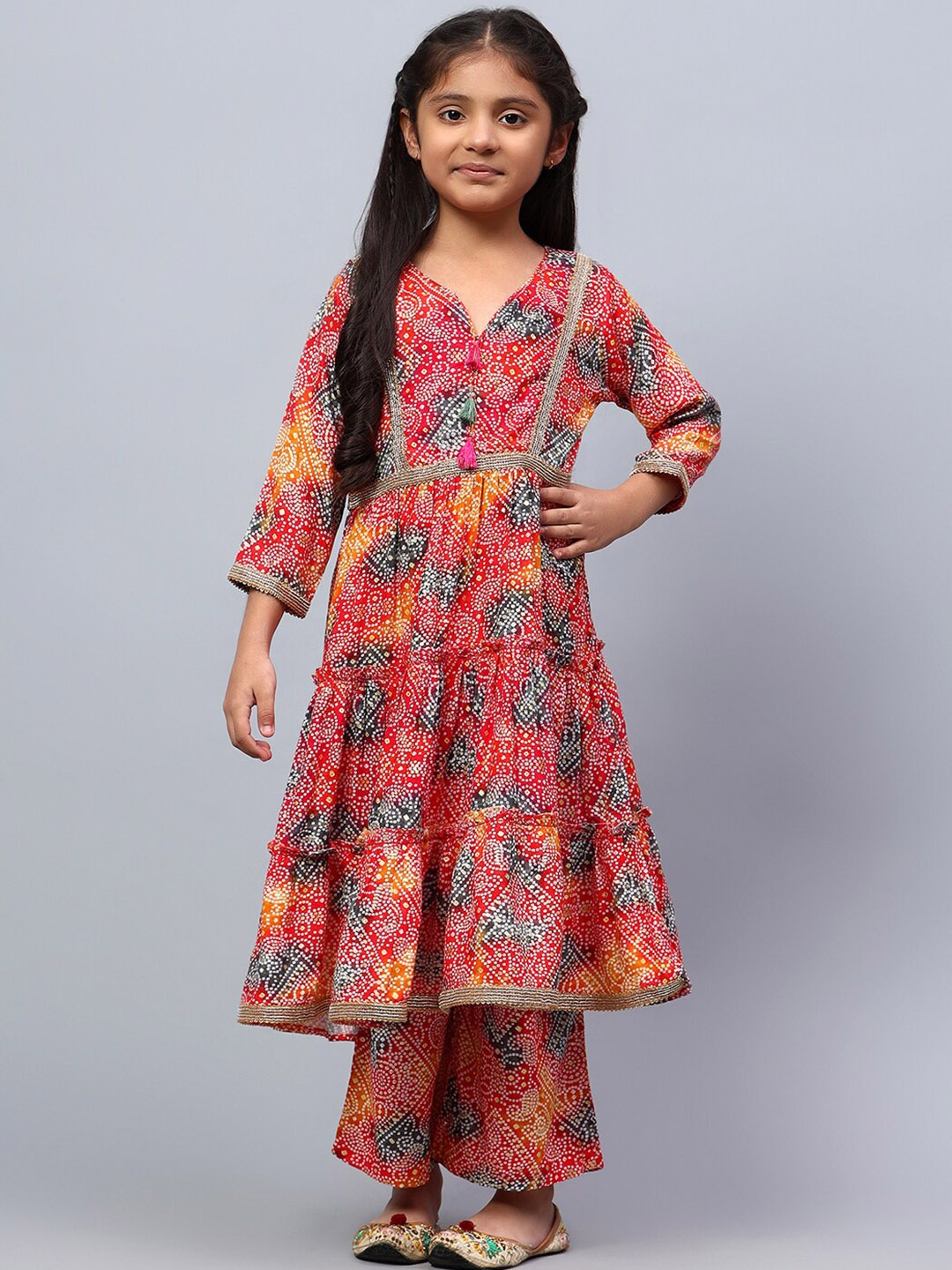 

BAESD Girls Bandhani Printed Regular Dupion Silk Kurta With Palazzos, Red
