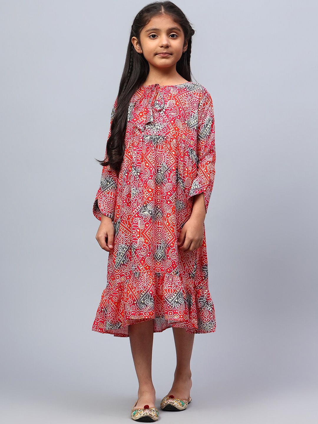 

BAESD Girls Bandhani Printed Keyhole Neck Raw Silk A-Line Ethnic Dress, Red
