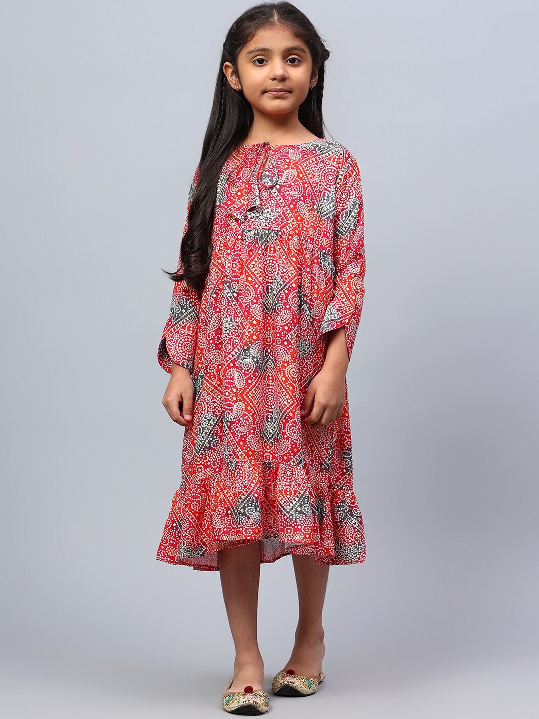

BAESD Girls Bandhani Printed Keyhole Neck Raw Silk A-Line Ethnic Dress, Red