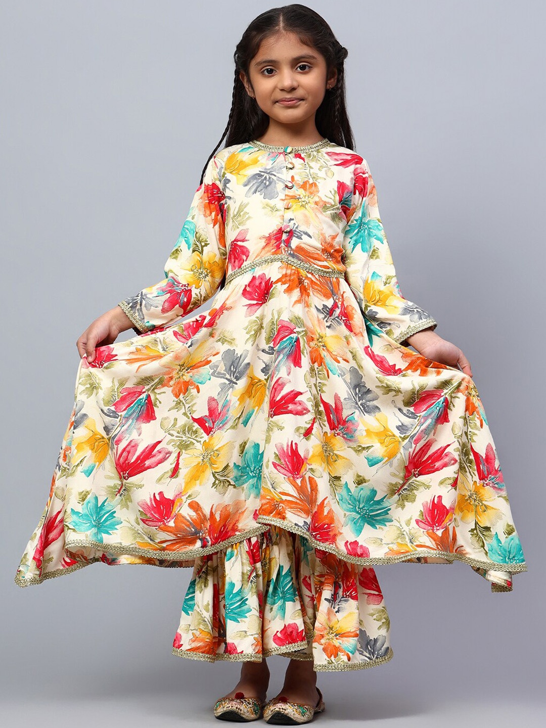 

BAESD Girls Floral Printed High-Low Raw Silk Anarkali Kurta with Palazzos, Yellow