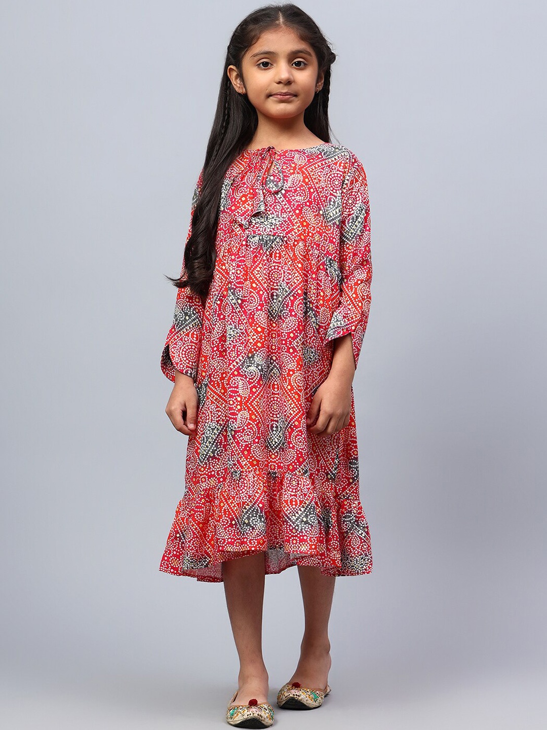 

BAESD Girls Ethnic Motifs Printed Silk A-line Ethnic Dress, Red