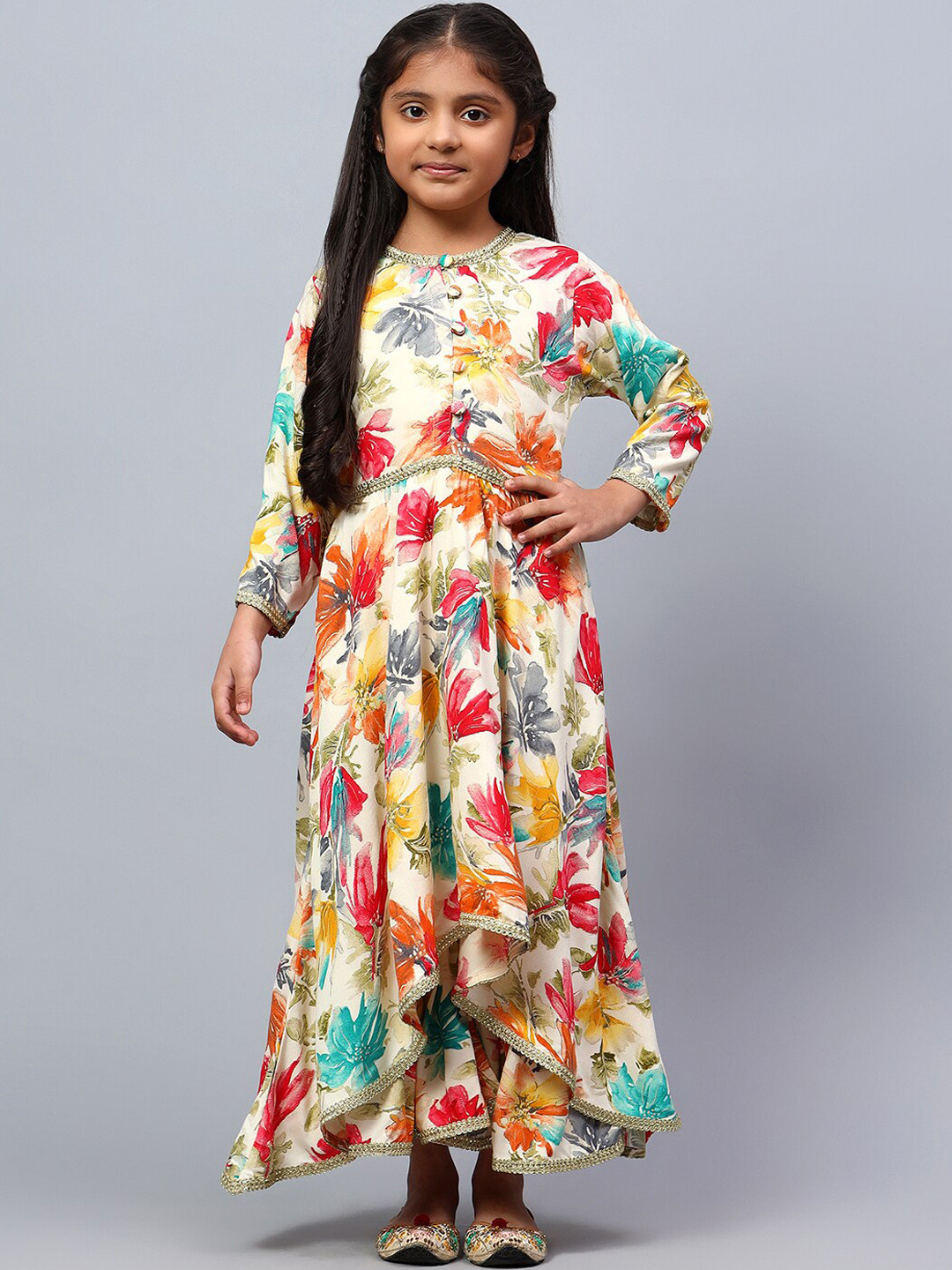 

BAESD Girls Floral Printed High-Low Raw Silk Anarkali Kurta with Palazzos, Yellow
