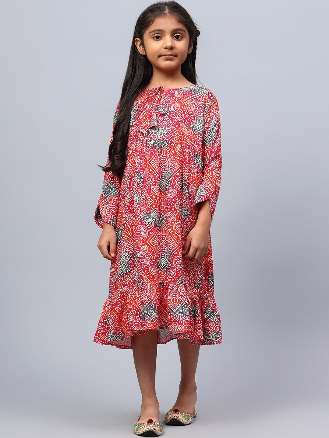 

BAESD Girls Floral Printed Tie-Up Neck Opaque A-Line Ethnic Dress, Red