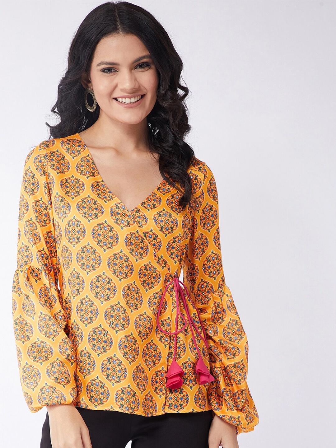 

Pannkh Ethnic Motifs Printed Cuffed Sleeves V-Neck Tie-Ups Detail Wrap Top, Yellow