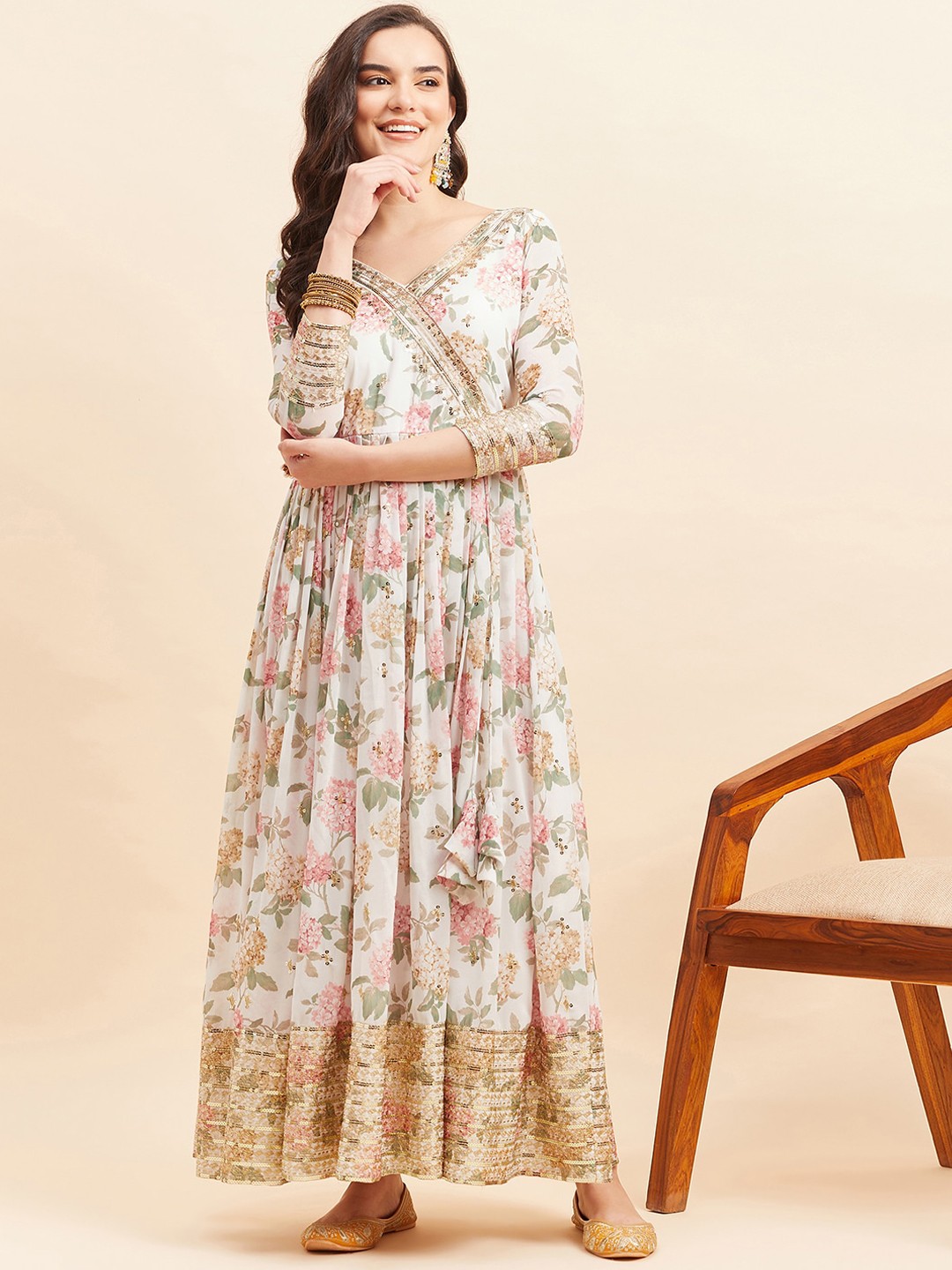 

KALINI Floral Printed Embroidered Georgette Maxi Ethnic Dress, White