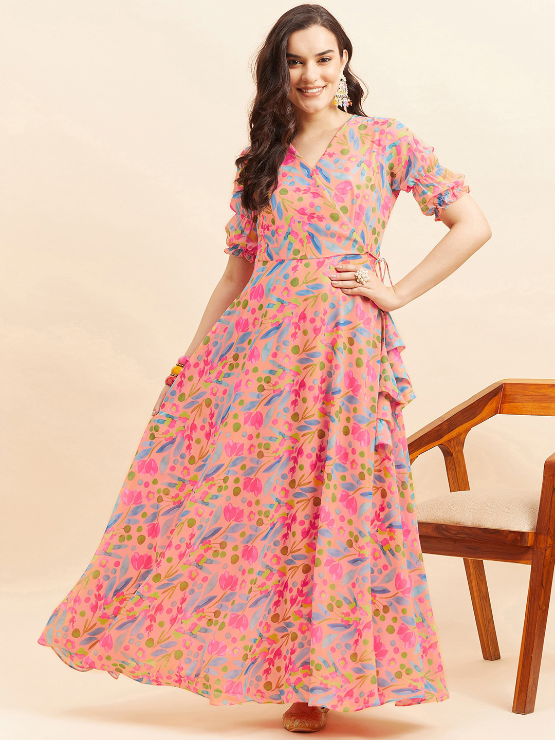 

KALINI Floral Printed Puff Sleeves V-Neck Georgette Maxi Ethnic Dress, Peach